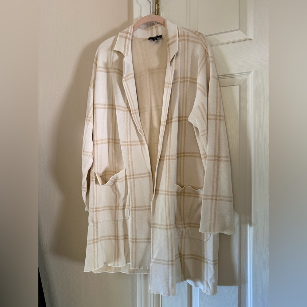G by Giuliana Cream Plaid Open Front Long Blazer-Style Topper